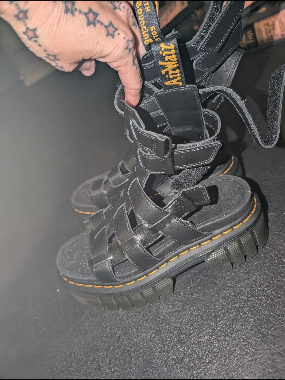 Dr. Martens Black Leather Platform Strappy Sandals with Yellow Stitching
